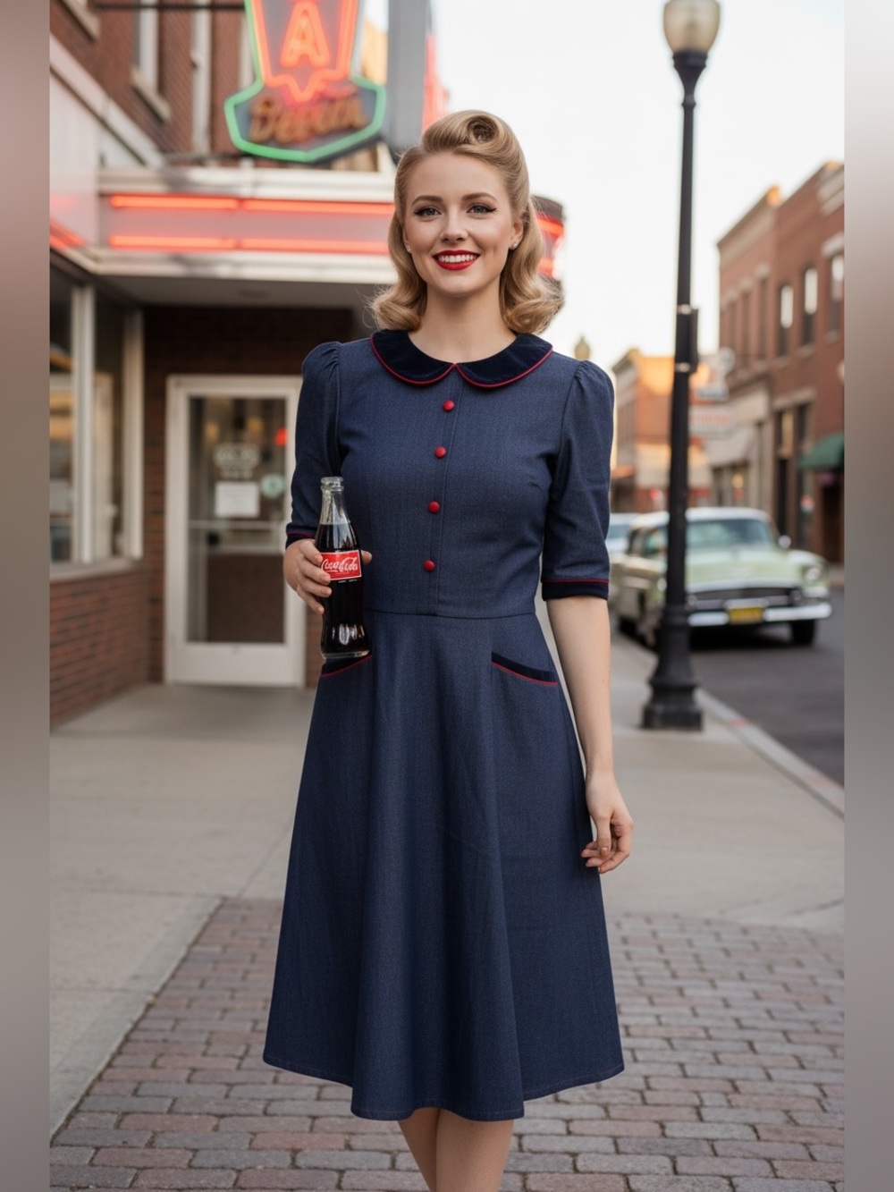 Stop Staring Vintage-Inspired Dress, Black/Charcoal with Red Trim, Size L, EUC